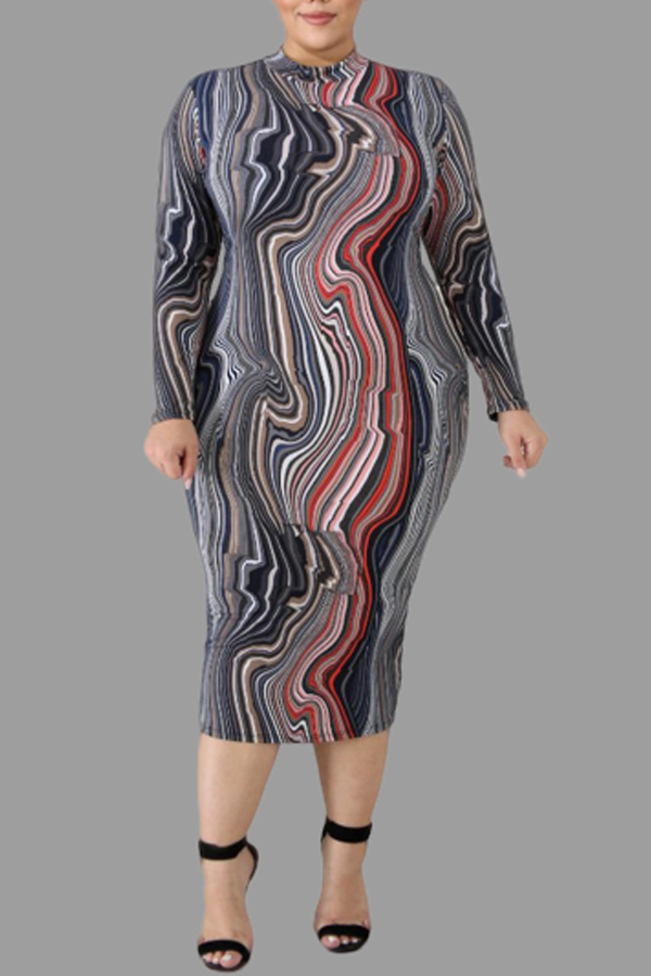 Cheap Plus Size Dress Lovely Casual Printed Grey Knee Length Plus Size