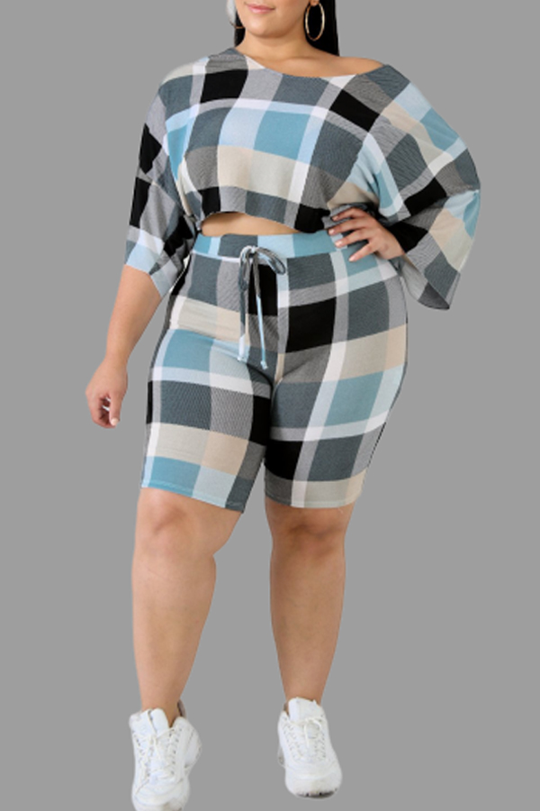 

Lovely Casual Plaid Printed Blue Plus Size Two Two-piece Shorts Set
