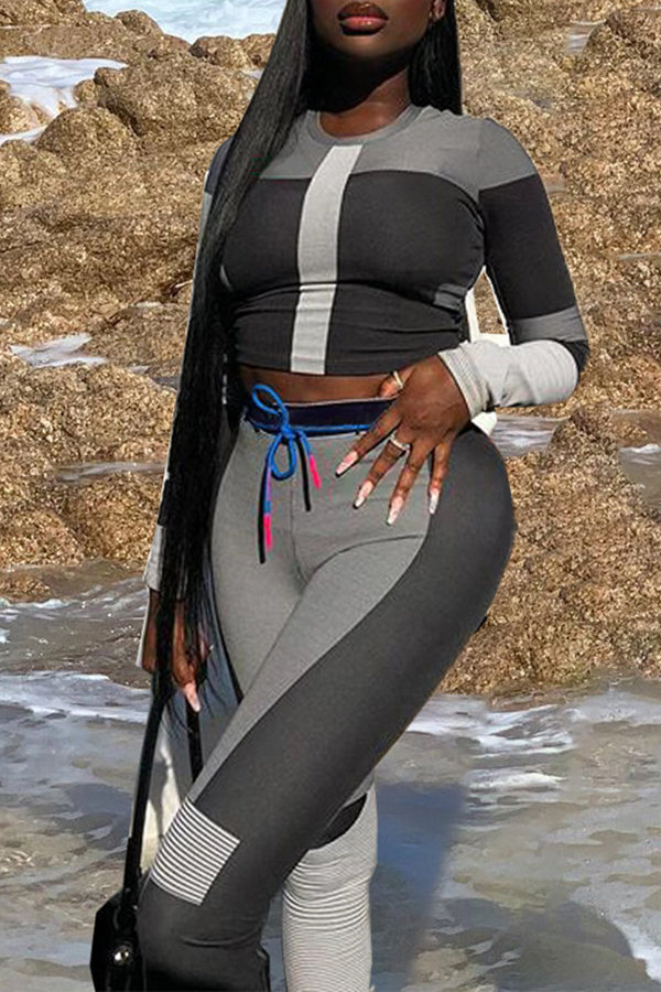 

Lovely Casual Patchwork Grey Two-piece Pants Set