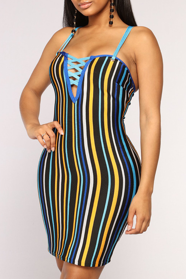

Lovely Casual Sleeveless Striped Blue Mini Dress