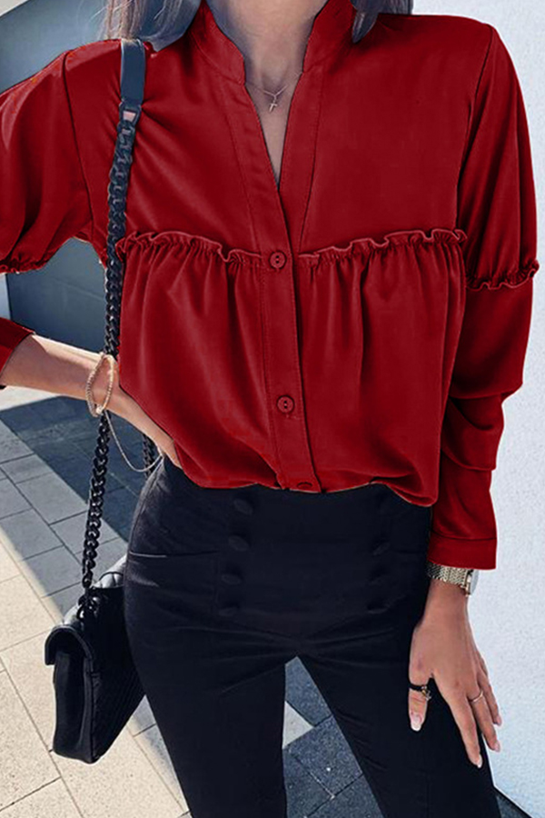 

Lovely Chic Ruffle Design Wine Red Shirt