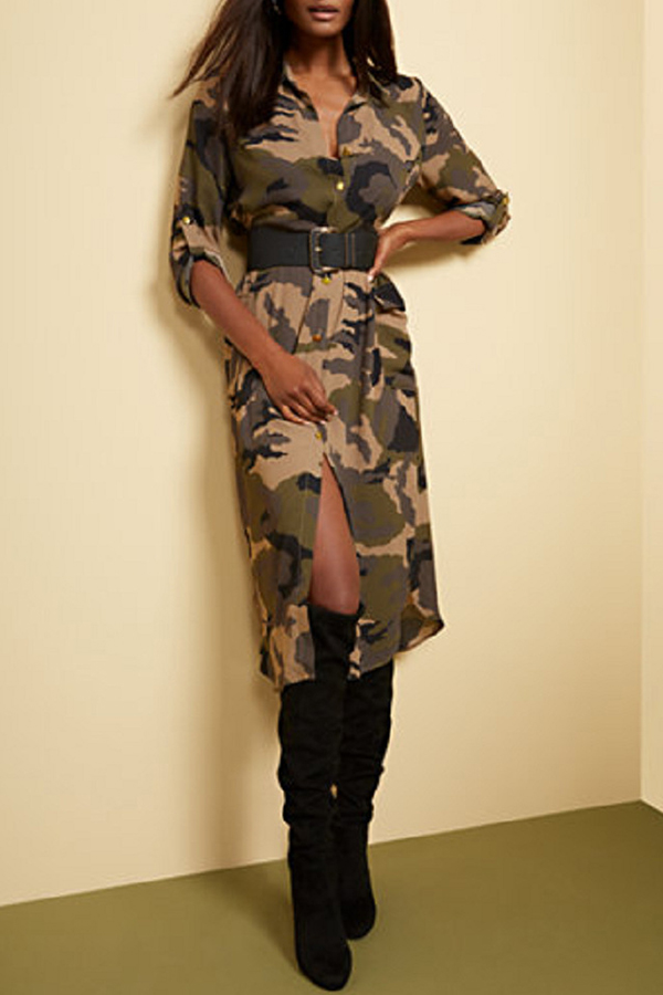 

Lovely Leisure V Neck Camouflage Printed Mid Calf Dress, Camo