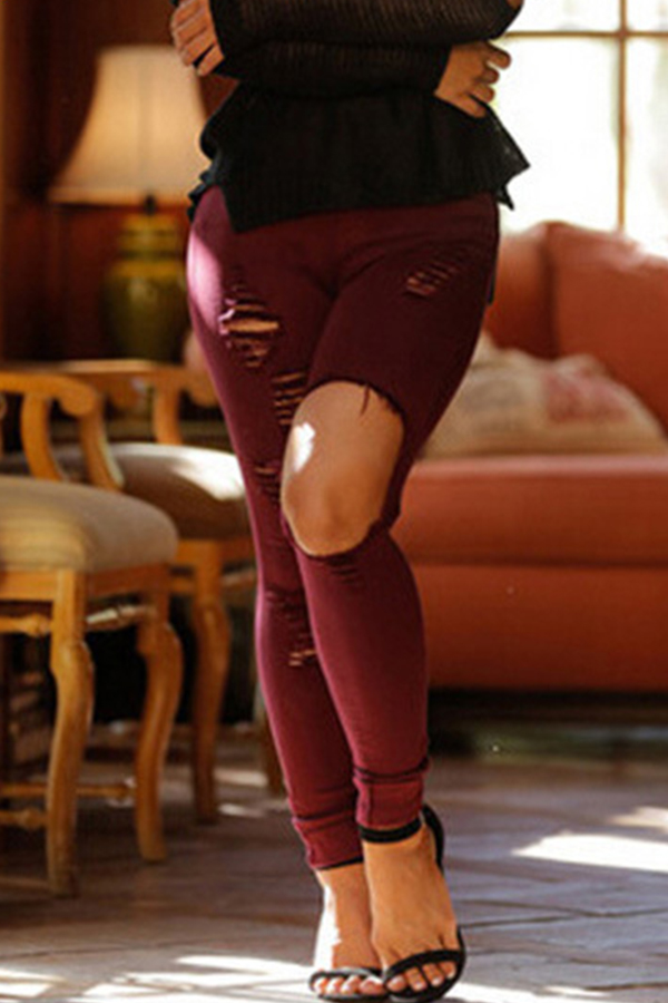 

Lovely Casual Broken Holes Wine Red Pants