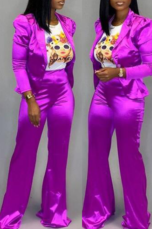 

Lovely Work Turn-back Collar Rose Red Two-piece Pants Set