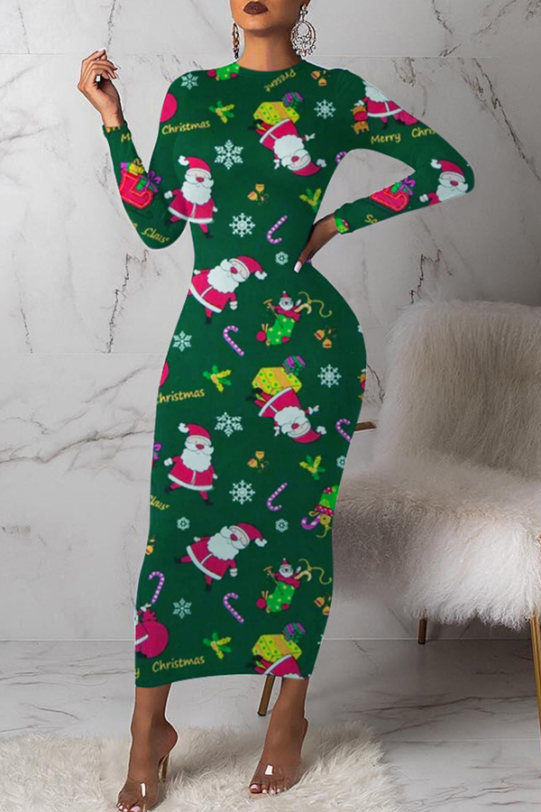 

Lovely Christmas Day Printed Green Mid Calf Dress