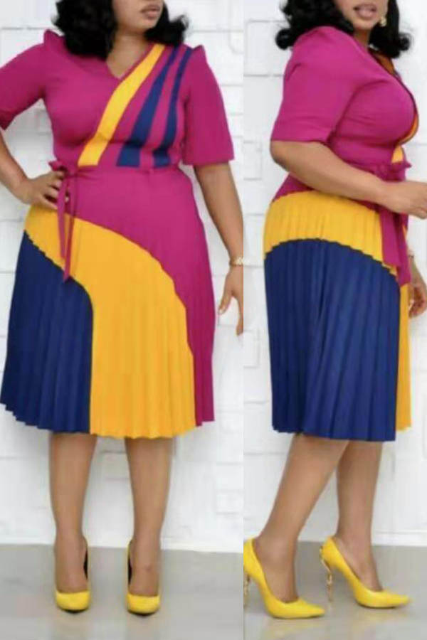 

Lovely Casual Patchwork Rose Red Knee Length Plus Size Dress