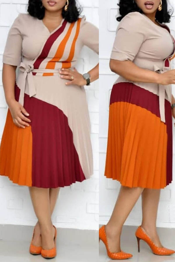 

Lovely Casual Patchwork Beige Knee Length Plus Size Dress
