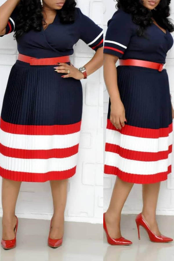 

Lovely Casual Patchwork Dark Blue Mid Calf Plus Size Dress