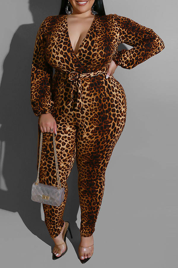 Cheap Plus Size Jumpsuit Lovely Casual Leopard Printed Plus Size One-p