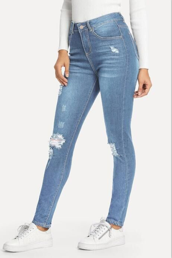 

Lovely Casual Broken Holes Blue Jeans, Baby blue