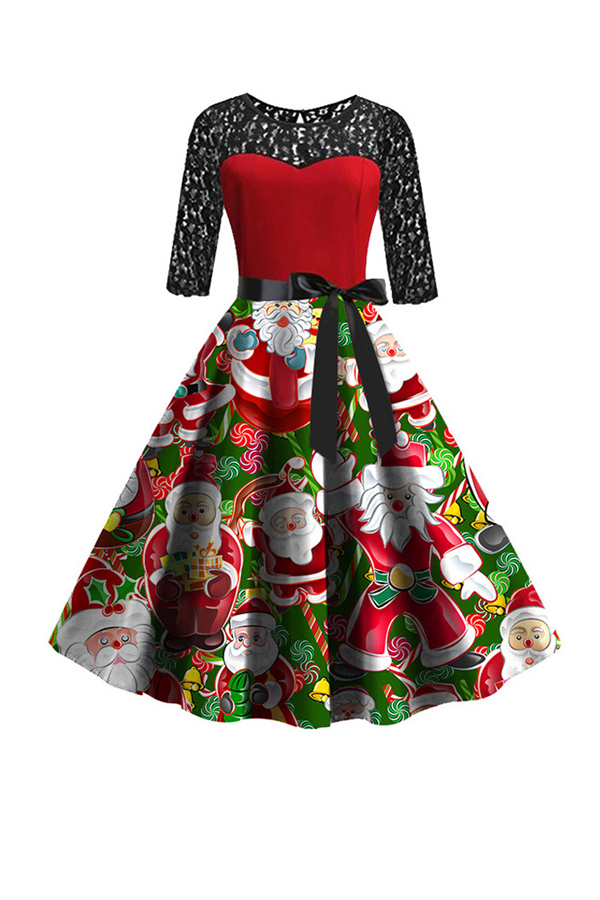 

Lovely Christmas Day Printed Red Mid Calf Dress