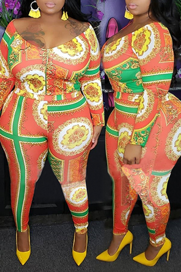 

Lovely Casual Printed Orange Plus Size Two-piece Pants Set