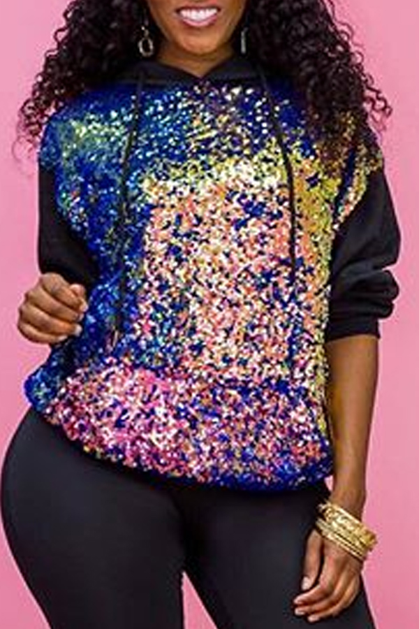 

Lovely Casual Patchwork Black Hoodie
