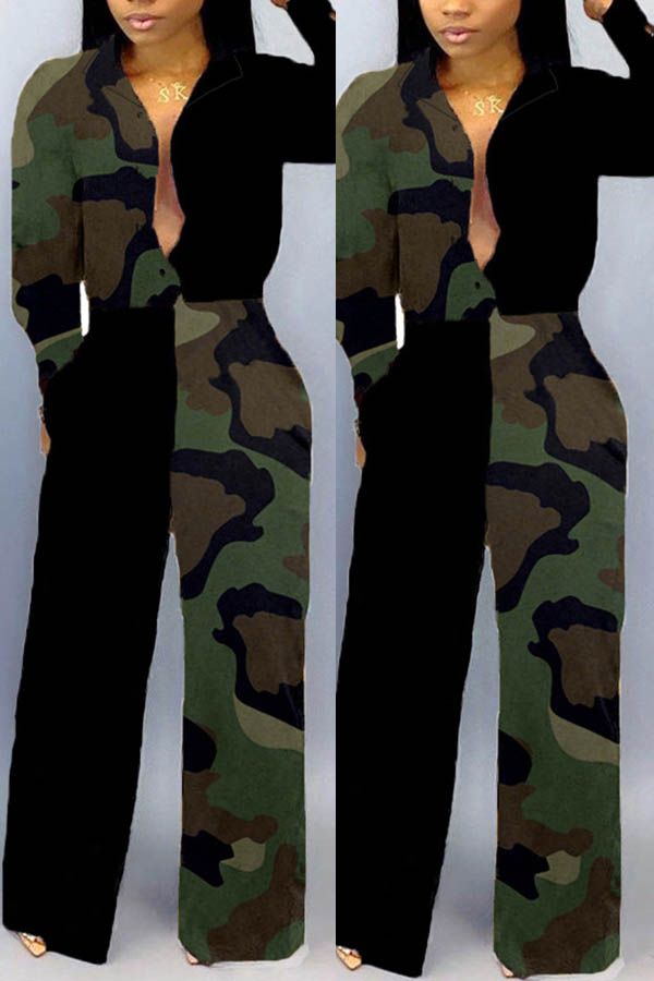 Lovely Trendy Patchwork Camouflage Printed Army Green One-piece Jumpsuit