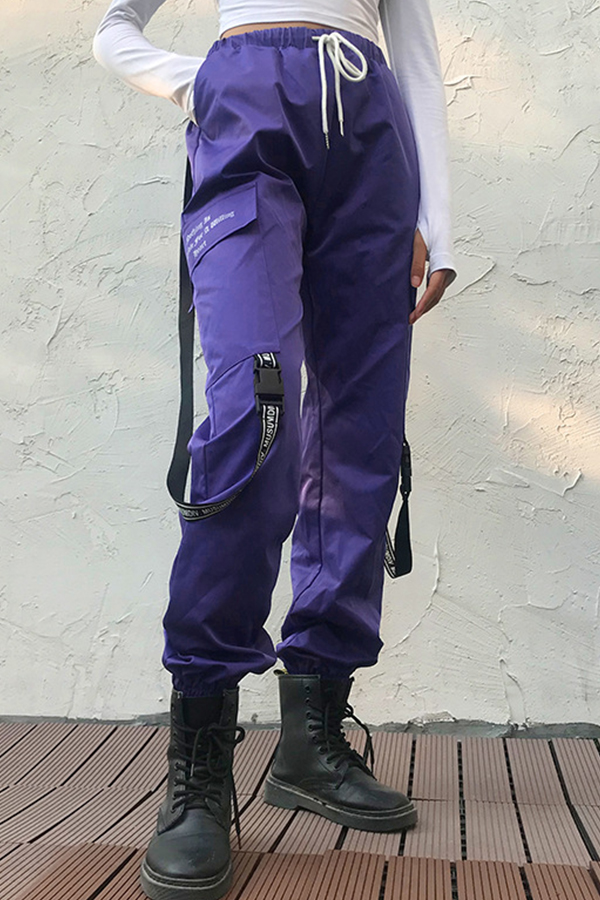 

Lovely Casual Pocket Patched Purple Pants