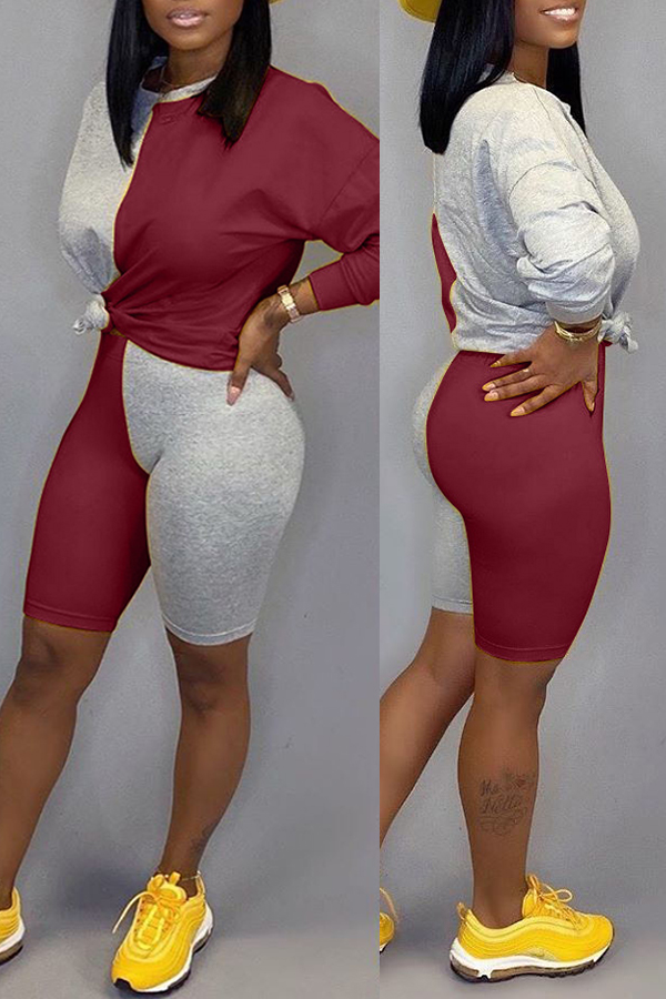 

Lovely Trendy Color-lump Patchwork Wine Red Two-piece Shorts Set
