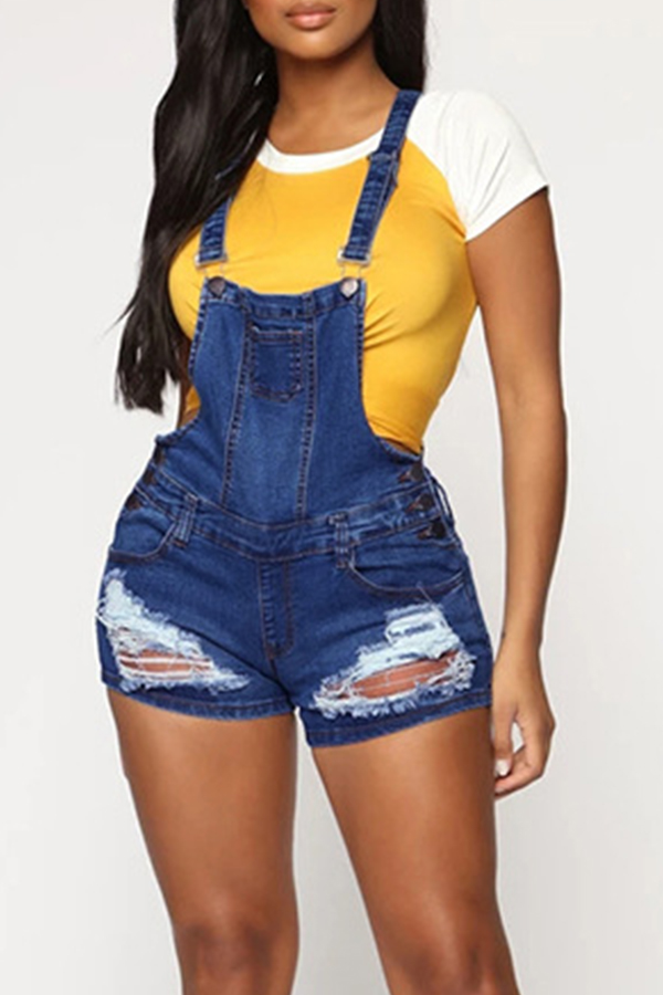 

Lovely Casual Broken Holes Deep Blue One-piece Romper