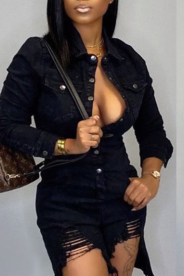 

Lovely Casual Broken Holes Black One-piece Romper