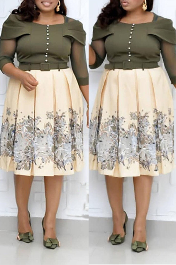 

Lovely Casual Printed Army Green Knee Length Plus Size Dress