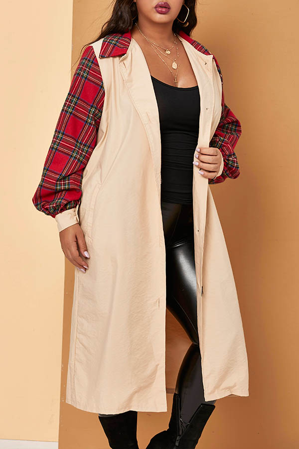 Cheap Plus Size Trench Coats Lovely Casual Patchwork Apricot Plus Size