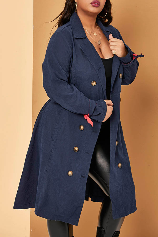 

Lovely Casual Buttons Design Deep Blue Plus Size Trench Coat