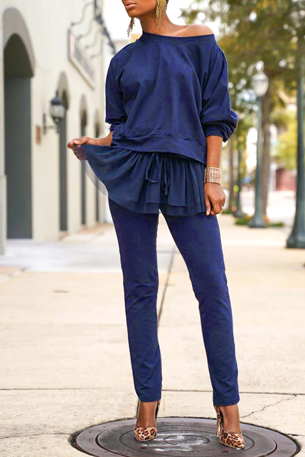 

Lovely Casual Patchwork Deep Blue Two-piece Pants Set