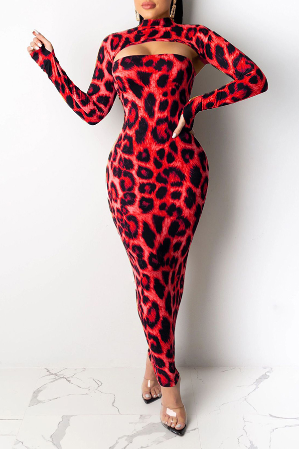 

Lovely Party Leopard Printed Red Ankle Length Dress