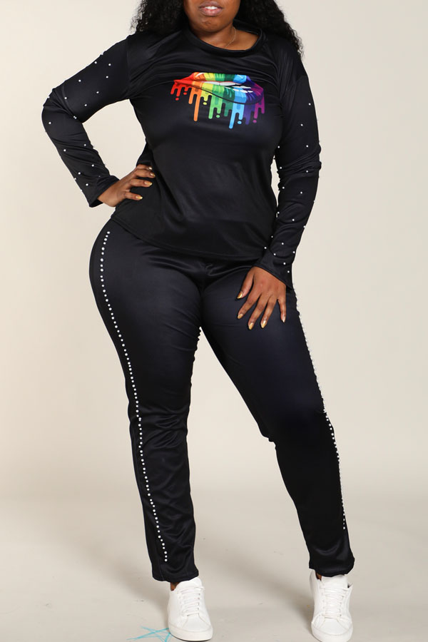 

Lovely Casual Lip Printed Black Plus Size Two-piece Pants Set