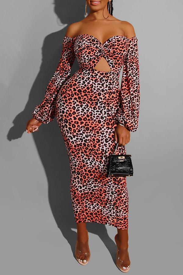 Cheap Dress Lovely Casual Leopard Printed Jacinth Mid Calf Dress