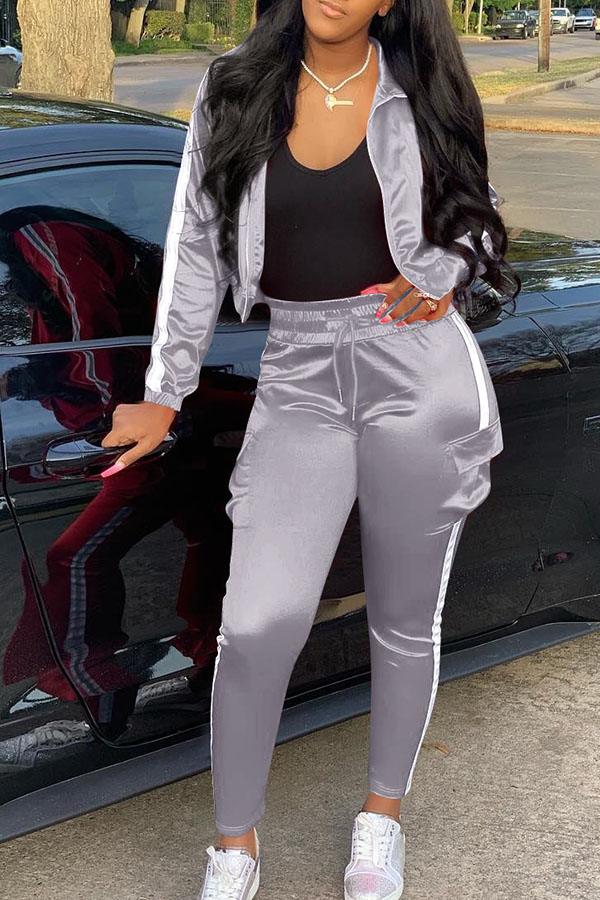 

Lovely Casual Patchwork Grey Two-piece Pants Set