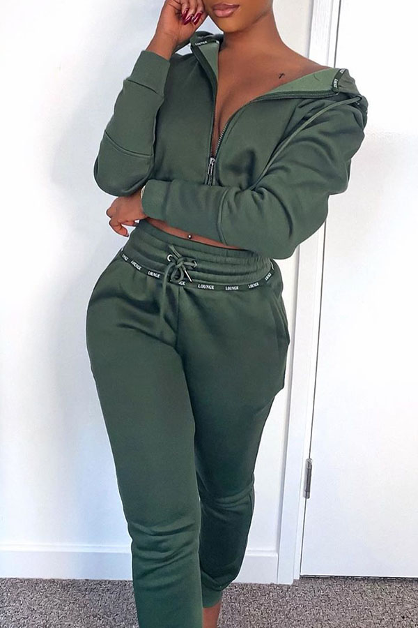 Cheap Two-piece Pants Set Lovely Trendy Hooded Collar Green Two-piece