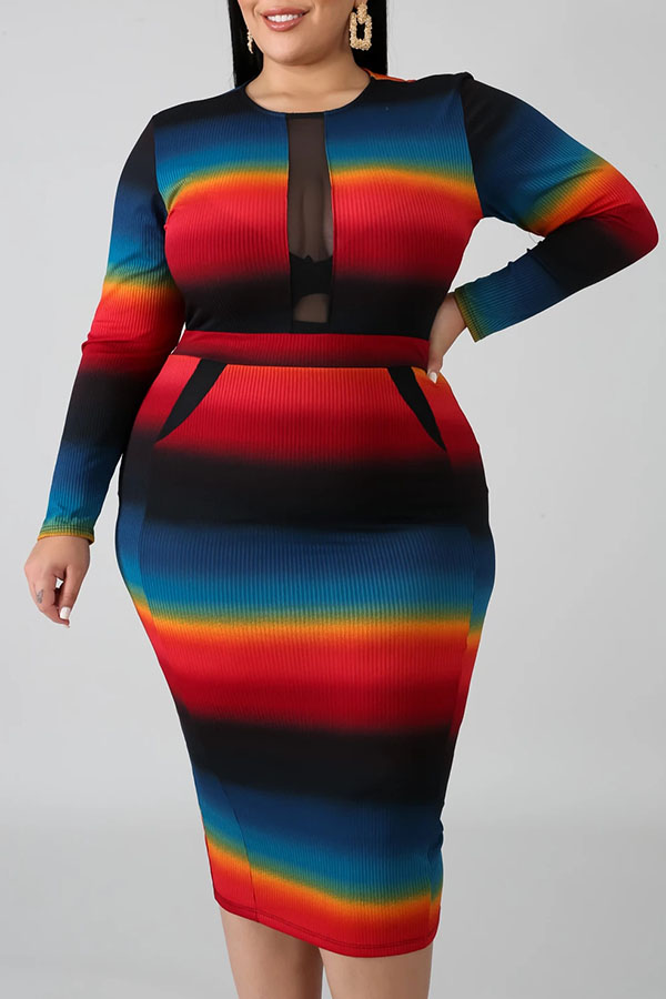 

Lovely Trendy Print Multicolor Mid Calf Plus Size Dress, Multi