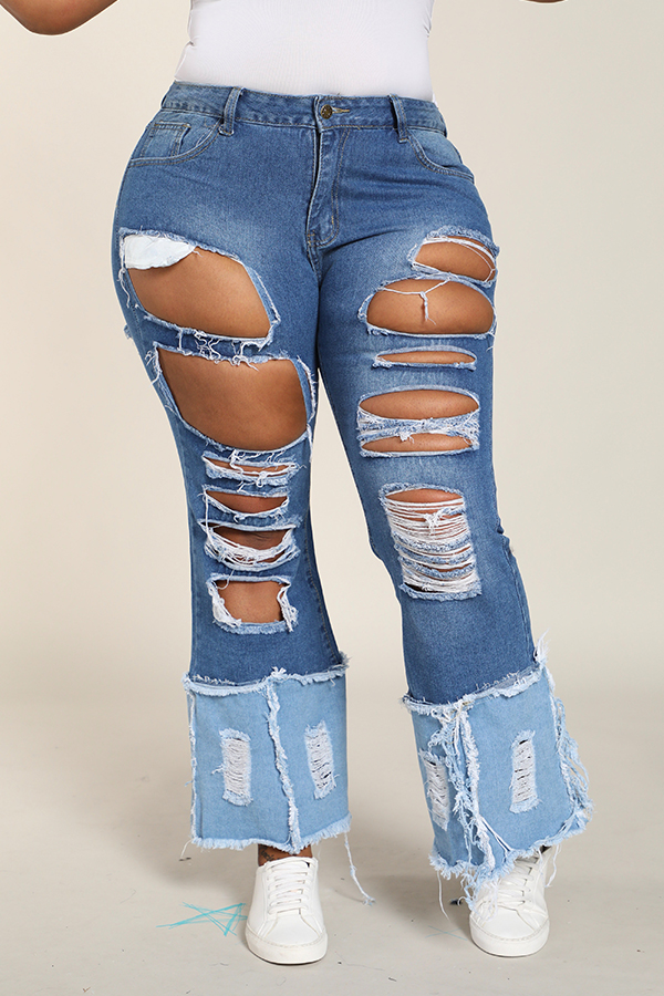 

Lovely Casual Hollow-out Blue Plus Size Jeans