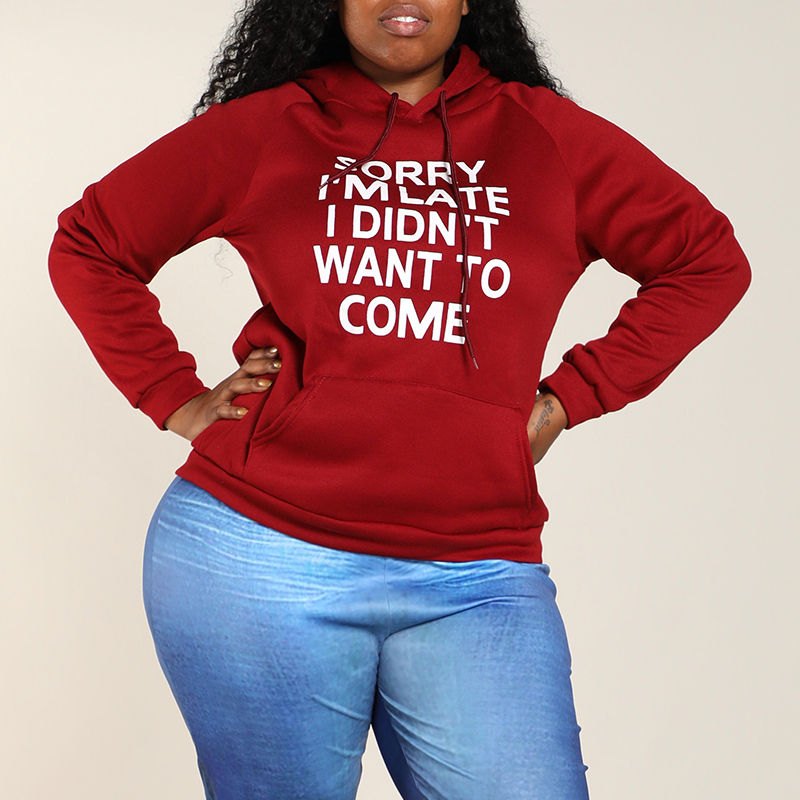 

Lovely Casual Letter Printed Wine Red Plus Size Hoodie