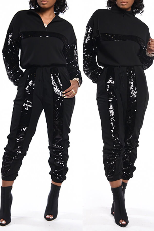 

Lovely Casual Patchwork Black Two-piece Pants Set