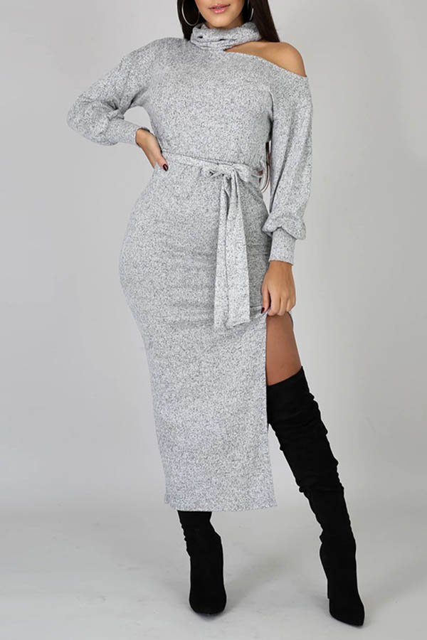 Cheap Dress Lovely Casual Side Slit Grey Mid Calf Dress