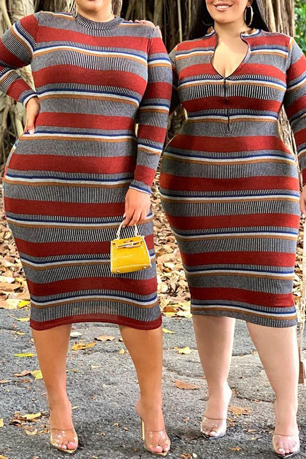 Cheap Plus Size Dress Lovely Casual Striped Multicolor Mid Calf Plus S