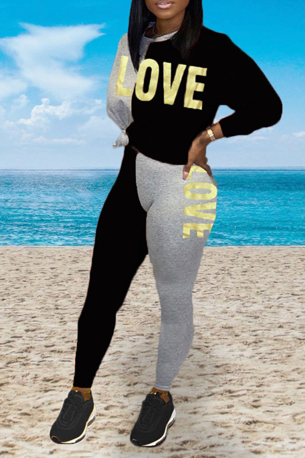 

Lovely Casual Patchwork Letter Printed Black Two-piece Pants Set