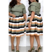 Lovely Casual Striped Army Green Knee Length Plus 