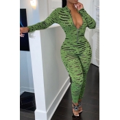 Lovely Sexy Printed Skinny Green One-piece Jumpsui