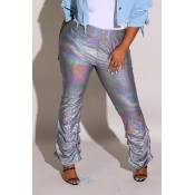 Lovely Trendy Ruffle Design Silver Plus Size Pants