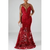 Lovely Party Lace Patchwork Wine Red Floor Length 