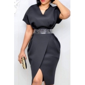Lovely Trendy V Neck Black Knee Length Dress(Witho