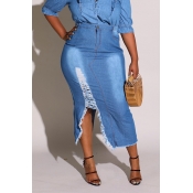 Lovely Trendy Broken Holes Blue Plus Size Skirt