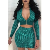 Lovely Sexy Sequined Green Two-piece Skirt Set
