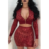Lovely Sexy Sequined Red Two-piece Skirt Set