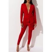 Lovely Work Deep V Neck Flounce Red Two-piece Pant