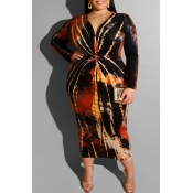 Lovely Casual Printed Red Mid Calf Plus Size Dress