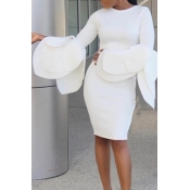 Lovely Sweet Flounce Design White Knee Length Dres