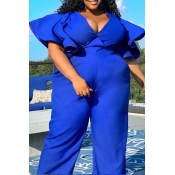 Lovely Casual Flounce Design Blue Plus Size Jumpsu